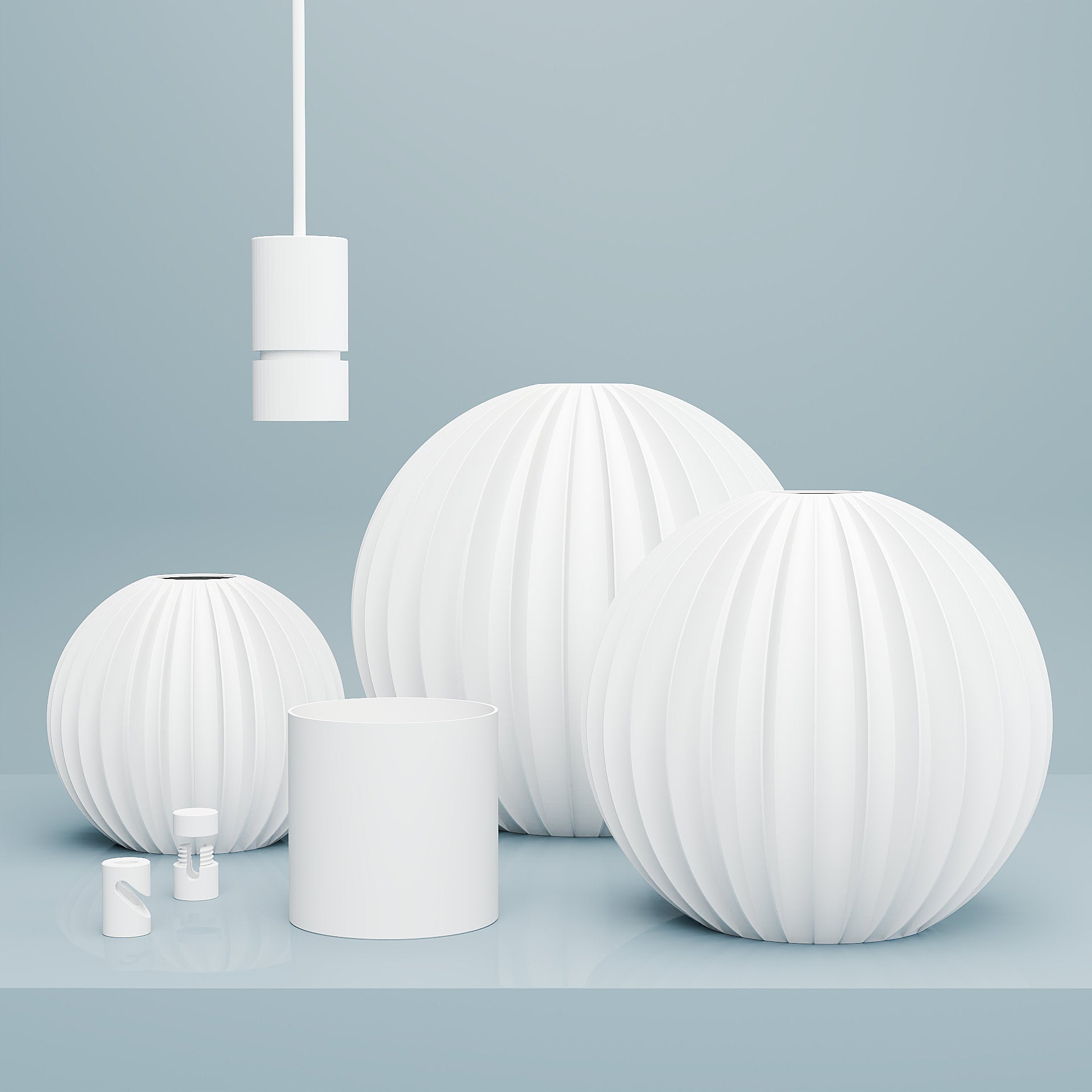 Ball Straight by Martin Žampach | Leuchte LED Pendelleuchte - 3er-Set Setinhalt (mit Kabelset) vor blauem Hintergrund